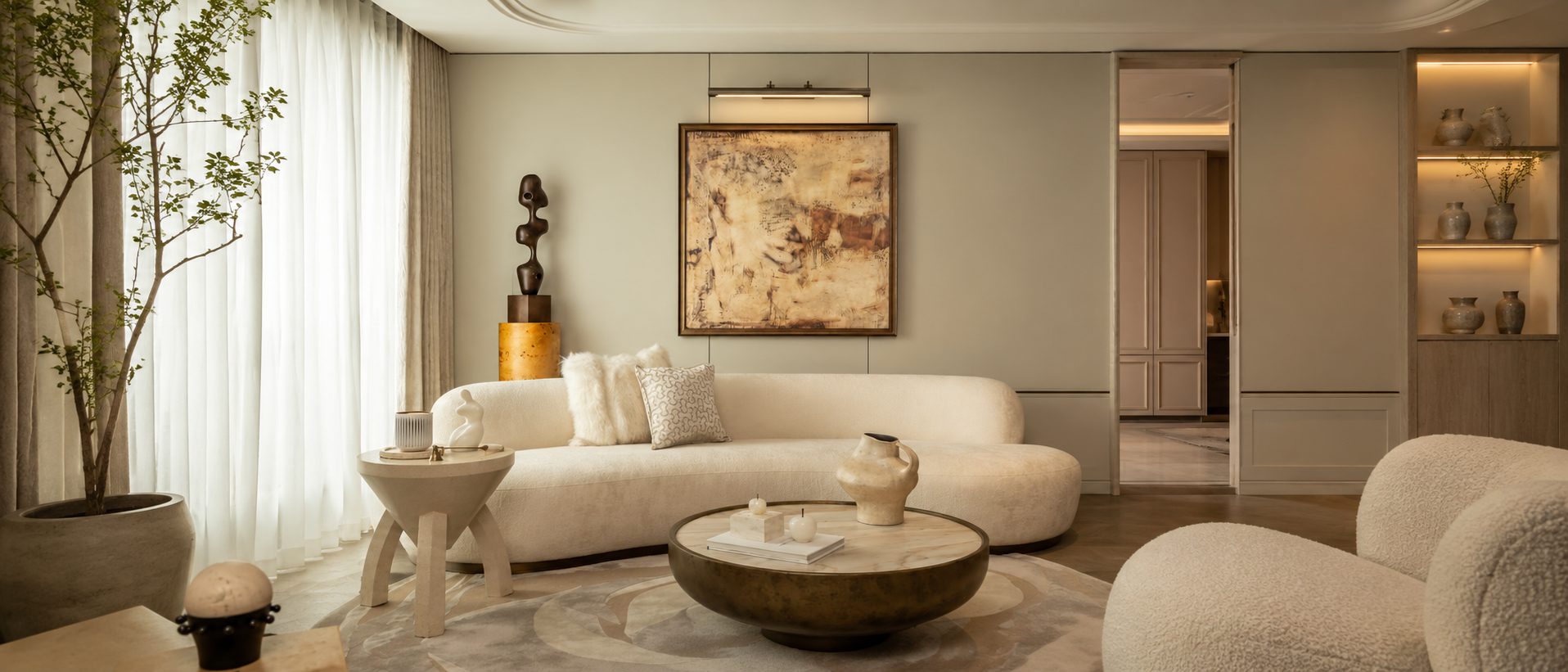 Layered textiles styled in a calm living space